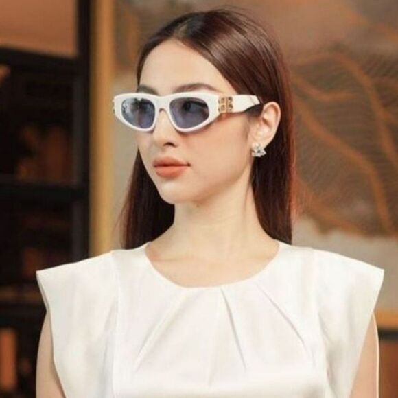 Balenciaga BB0095S 004 Sunglasses White Gold Logo Light Blue Cat Eye Unisex - Picture 1 of 15